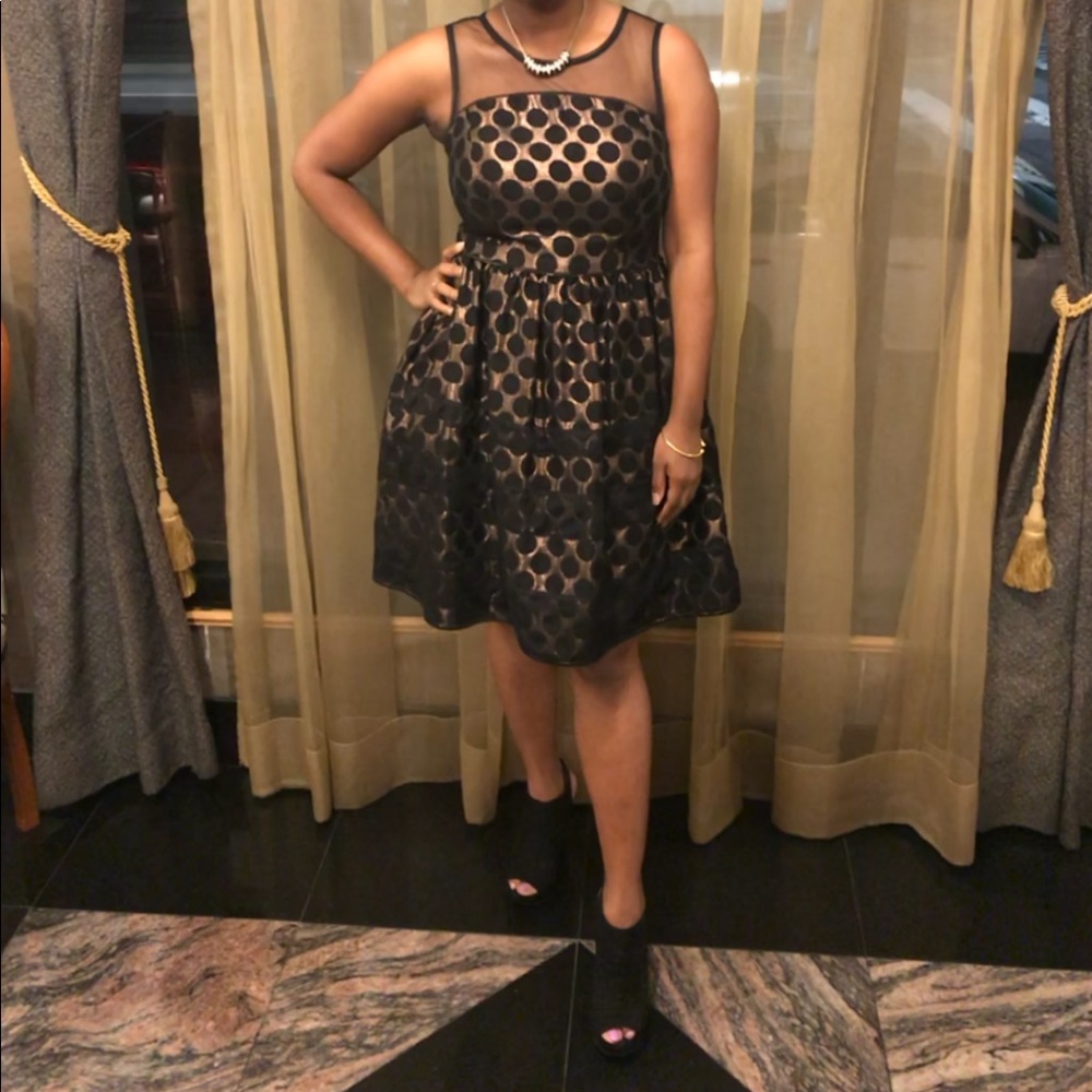 A line Black and Gold Polka Dot Dress. Size 6